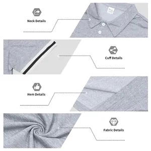 Dettagli di collo, polsini, orlo e trama del tessuto traspirante di una polo uomo.