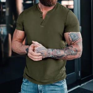 Muscle fit men's olive green short sleeve Henley t-shirt with button placket
