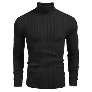 Pull à col roulé noir ajusté pour homme avec manches longues et maille côtelée