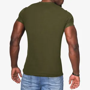 Back view detail of men's slim fit olive green solid color short sleeve Henley shirt
