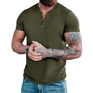 Detail shot of a men's army green short sleeve Henley T-shirt with three button placket