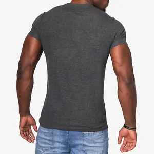 Detailed back view of a men's slim fit dark grey short sleeve t-shirt