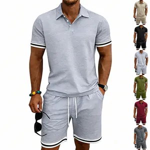 Set Polo da Uomo Stile Britannico Estivo Casual Sportivo Top And Bottom con Strisce a Contrasto Camicia a Maniche Corte e Pantaloncini con Coulisse