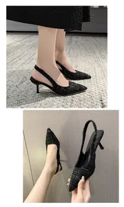Detail of black tweed pointed-toe slingback heels with elegant stiletto heel