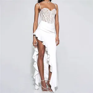 White Lace Patchwork Spaghetti Strap Maxi Dress For Women Slim Fit High Slit Ruffle Party Evening Dress Summer Apparel