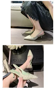 Elegant French style tweed high-heeled slingback sandals with pointed toe in light green