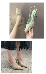 Detail shots showing elegant light green tweed slingback high heels with pointed toes