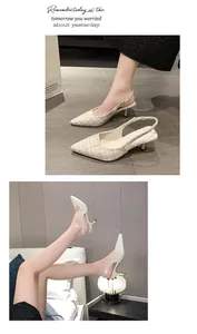 Elegant French style tweed high heel slingback sandals for women with pointed toe.
