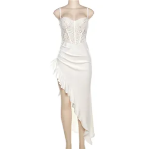 Elegant white lace bodice dress with asymmetric ruffled hemline and high slit detail