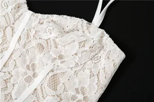 Detailed close-up showing the intricate white floral lace pattern of a summer dress.