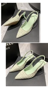 Elegant French style mint green tweed slingback kitten heels with pointed toe detail