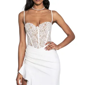 Elegant white lace spaghetti strap dress featuring a slim fit and stylish ruffle slit for women
