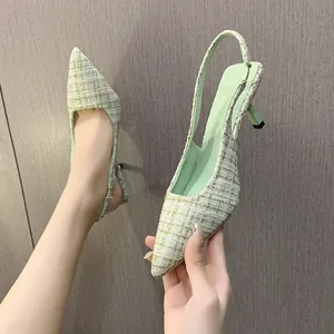 French Style Tweed Pointed Toe Slingback Pumps For Women Elegant Stiletto High Heels Summer Wedding Banquet Party Suede Shoes