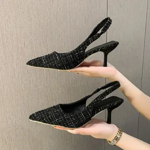 Elegant French style black tweed pointed-toe slingback kitten heels with slim heels