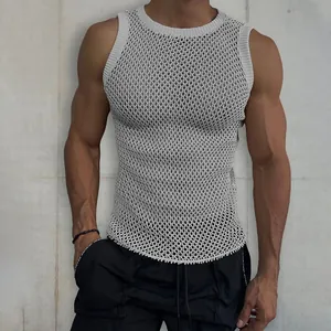 Men's mesh knit tank top with crew neck showing hollow-out texture and muscle fit