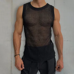 Close-up of black mesh knit tank top showing muscle fit and hollow-out texture detail