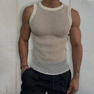 Close-up detail of men's ivory hollow-out knitted mesh sleeveless muscle tank top