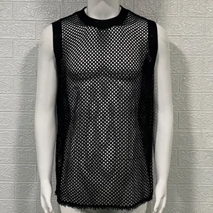 Detailed view of black men's hollow knit mesh vest with round neck sleeveless design.