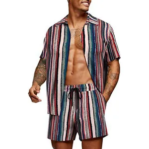 Detail view of men's Hawaiian set featuring vertical stripes on shirt and shorts