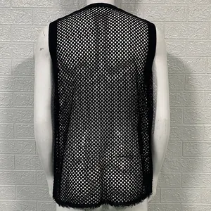 Back view of men's black sleeveless hollow-out knit mesh vest sweater for muscle fit