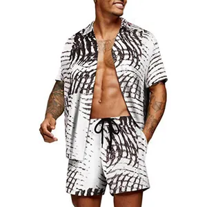 Stylish men's summer Hawaiian two-piece set featuring a unique abstract black and white print