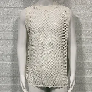Detailed close-up showing the white men's hollow out crochet sleeveless knit tank top