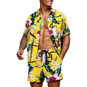 High-quality detail of men's loose Hawaiian two-piece set with yellow floral and chain print