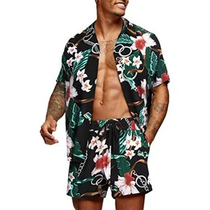Men's stylish loose Hawaiian floral print two-piece shirt and shorts set for casual summer wear.