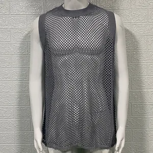 Detailed front view of a grey hollow-out mesh knitted tank top vest for men on a mannequin