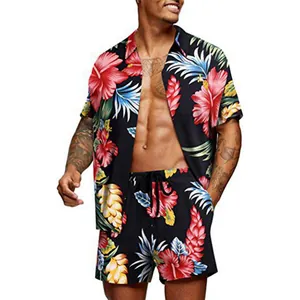 Detail view of men's Hawaiian floral print shirt and shorts set on a model