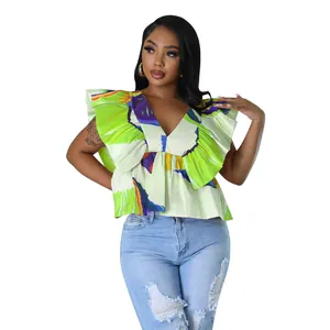 Modisches Damen-V-Ausschnitt-Top mit Blumenmuster und bunten Flügelärmeln für den Sommer