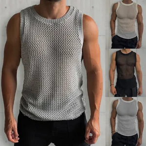 Men's Casual Hollow Out Mesh Knit Tank Top Sleeveless Round Neck Solid Color Breathable Slim Fit Muscle Vest Fashion Streetwear