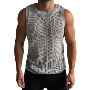 Men's stylish grey hollow-out knitted mesh tank top with crew neck and sleeveless design