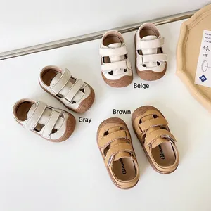 Sandales en Cuir Véritable pour Bébé Semelle Souple Chaussures Premier Pas Été Bout Fermé pour Garçons Filles Antidérapant