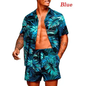 Close-up of men's blue tropical floral print Hawaiian shirt and shorts set on model