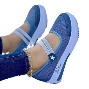 Comfortable women's blue mesh Mary Jane walking shoes with star detail and wedge sole