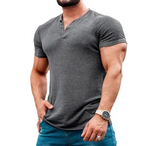 Men's slim fit dark grey short sleeve Henley T-shirt with a three-button neck placket