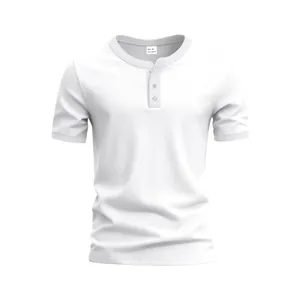 Close-up view of white short-sleeve Henley t-shirt featuring three-button collar design.