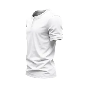 Side view of a classic white breathable short sleeve Henley t-shirt for men in a 3D mockup