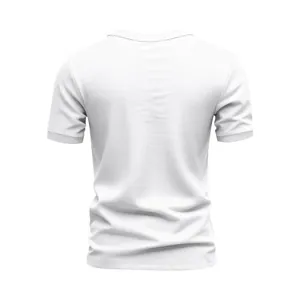 Back view of a plain white men's short-sleeve athletic T-shirt with ribbed sleeve cuffs