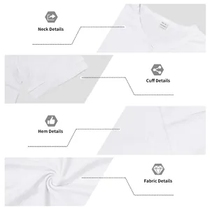 Detail views of white Henley neck T-shirt showing collar, cuff, hem and fabric texture