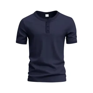 Detailed front view of a navy blue short-sleeve Henley shirt featuring a buttoned placket
