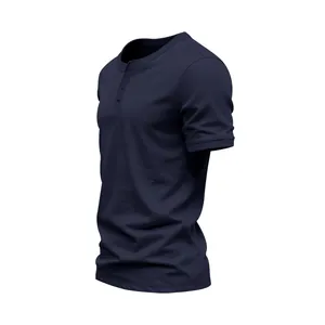 Detail view of a navy blue men's Henley neck short-sleeve T-shirt with breathable fabric.