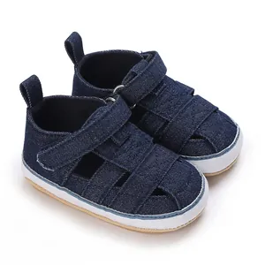 Detailed view of navy baby denim sandals featuring Velcro strap and anti-slip sole