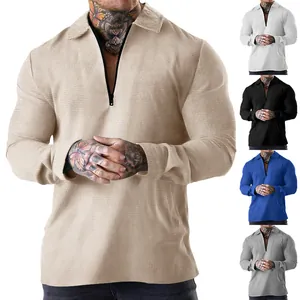 Men's long-sleeve waffle knit polo shirt with zipper lapel and five color options