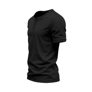 Close-up side view showing the fabric texture and button detail of a black Henley T-shirt