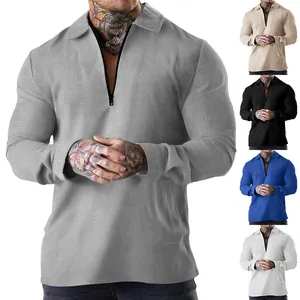 Men Heavyweight Waffle Knit Long Sleeve Polo Shirt Casual Quarter-Zip Lapel Pullover Top Solid Color Autumn Fashion Breathable T-Shirt
