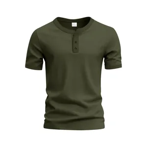 Detail view of men's army green short-sleeved Henley t-shirt with three-button placket