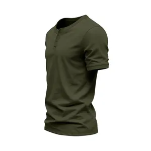 Side view of army green men's Henley neck short sleeve T-shirt for casual summer wear