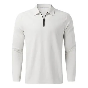 Front view of men's waffle knit long-sleeve polo shirt with black zipper collar.